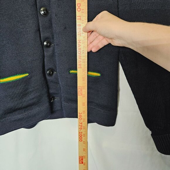 Vintage Men's Navy Lettermans Cardigan Sweater Yellow Stripes Pockets Flawed S - Picture 9 of 11